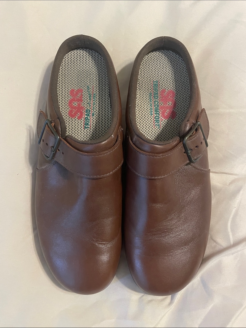SAS Brown Leather Mule Clogs with Buckle